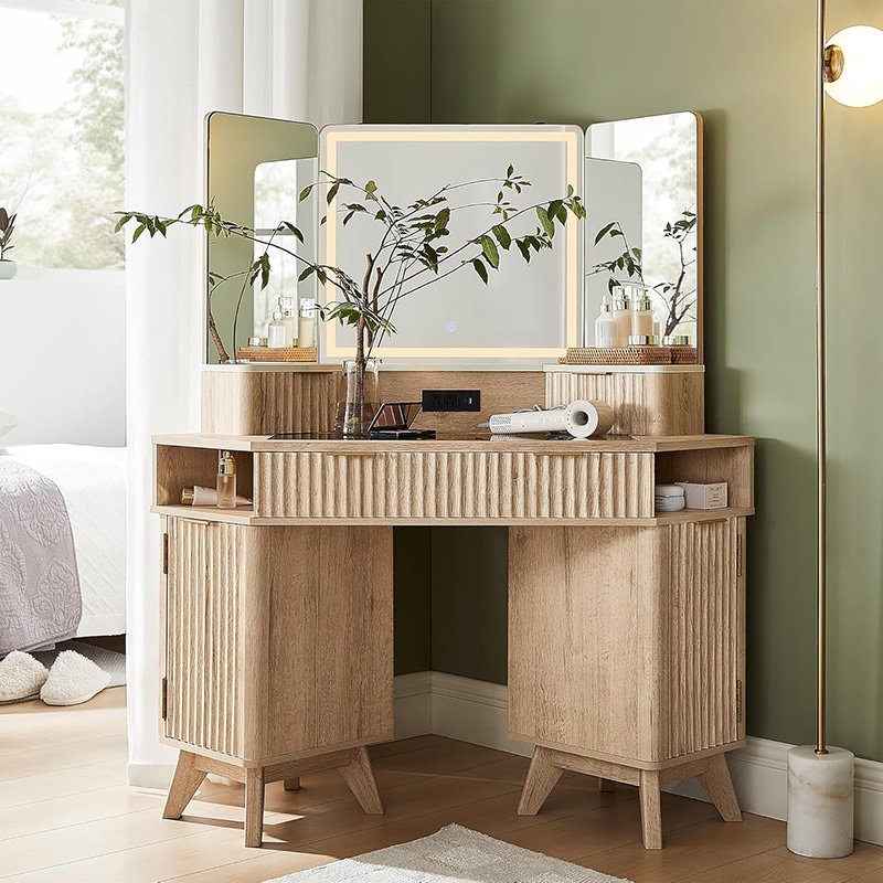Fluted Makeup Vanity Desk with 3 Way Mirror and Lights