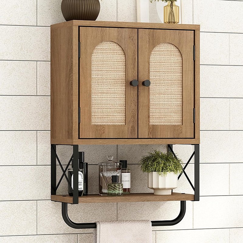 Rattan Bathroom Wall Cabinet, Boho Over The Toilet Storage Cabinet with Arched Rattan Doors