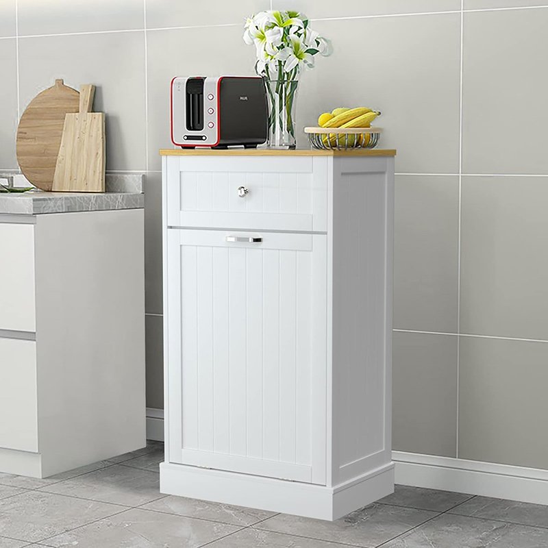 10 Gallon Tilt Out Trash Cabinet, Wooden Free Standing Recycling Trash Cabinet with Hideaway Drawer