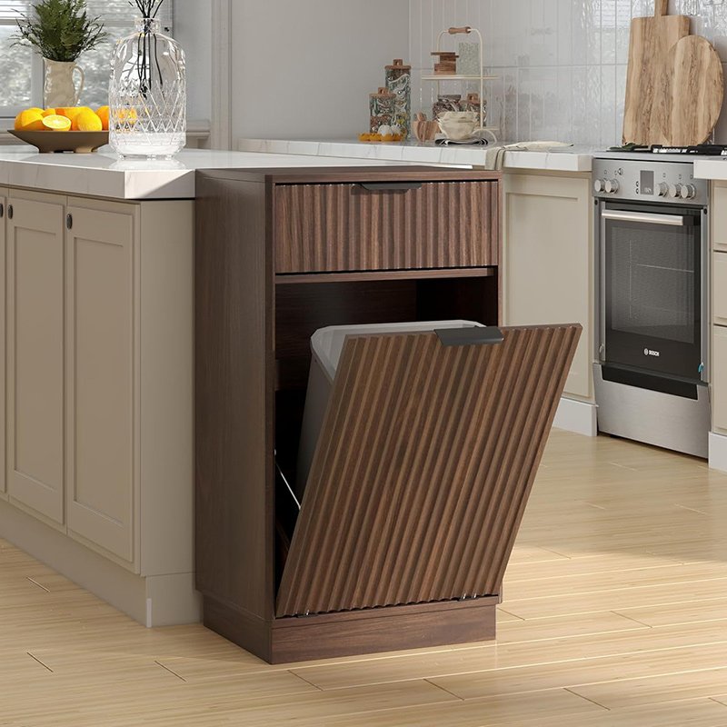 Tilt-Out Trash Cabinet with 10-Gallon Capacity, Walnut Laundry Hamper Cabinet