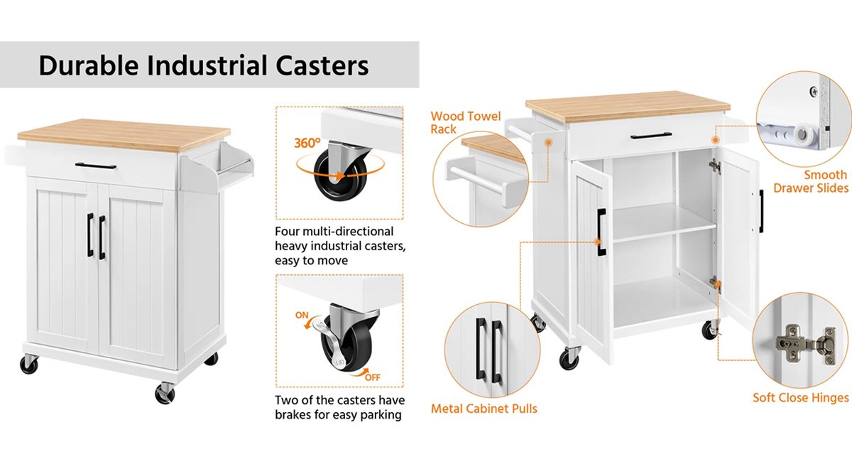 Rolling Kitchen Island with Solid Wood Top