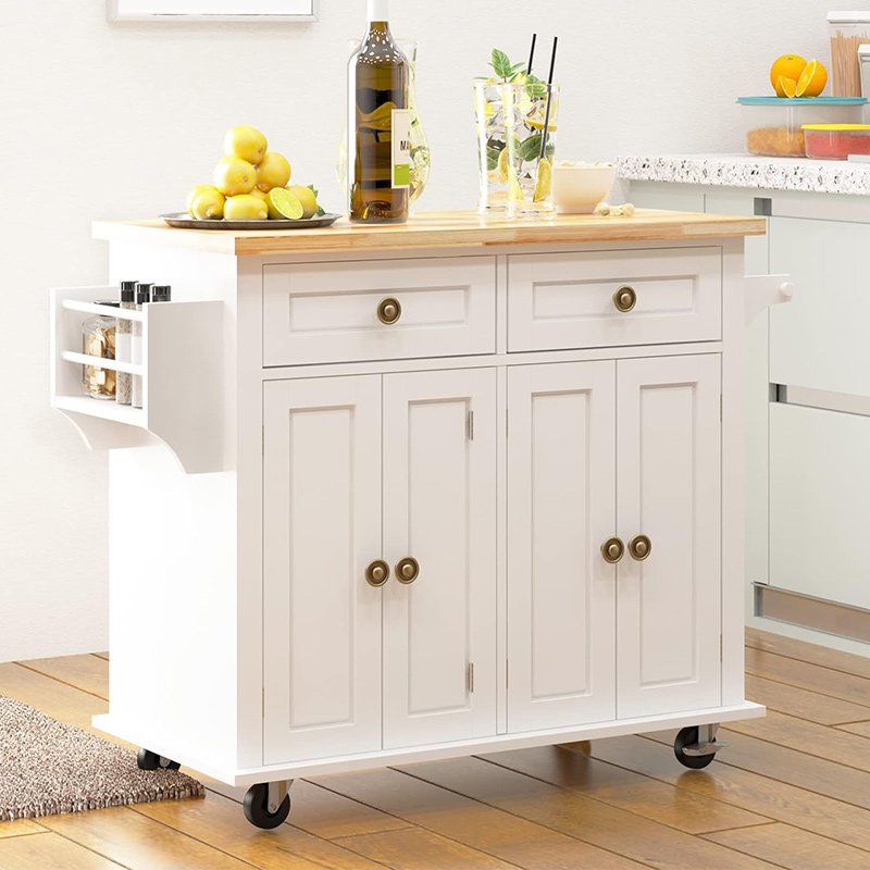 Kitchen Cart with Drop-Leaf Rubber Wood Tabletop