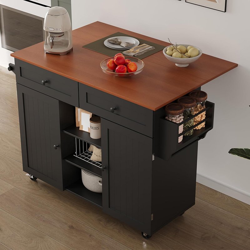 Mobile Kitchen Table Storage Cabinet with Tower Rack and Spice Rack