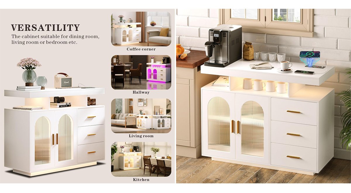 LED Light Wood Sideboard Dining Room