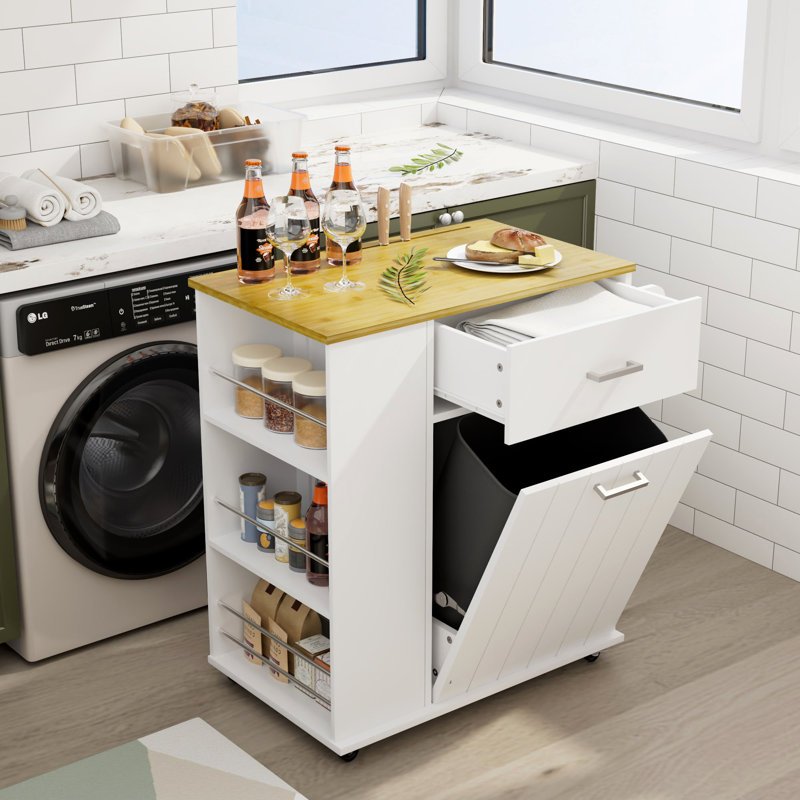 Rolling Kitchen Island with Pull-Out Trash Bin Cabinet