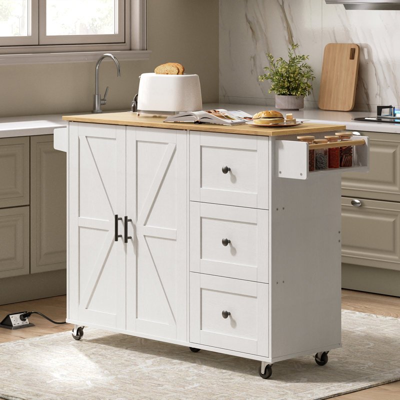 Rolling Kitchen Island with Storage and Power Outlet