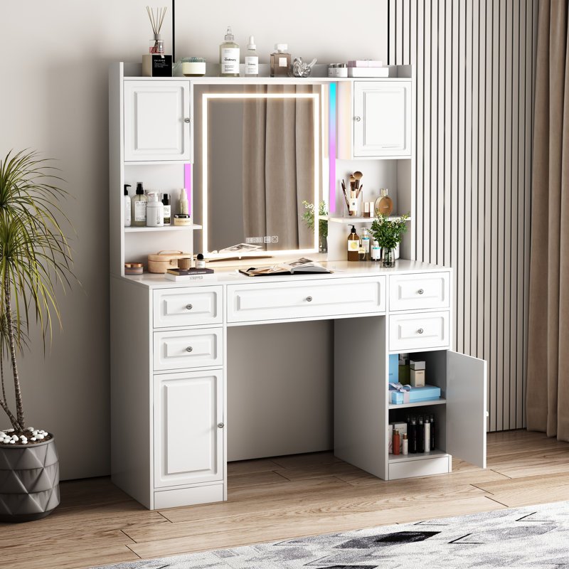 Modern Vanity Desk With Mirror And Lights