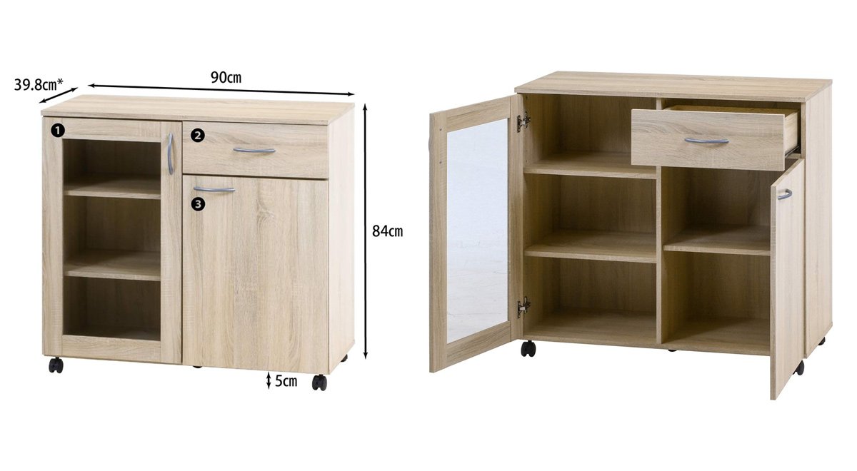 食器棚 キャビネット キッチン収納 アンティークホワイト 木目調 キャスター付き