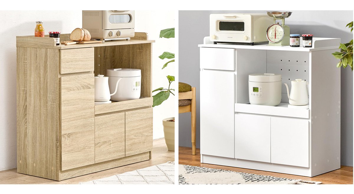 キッチンカウンター 食器棚 レンジ台 スライド棚 大容量 ２口コンセント 扉収納タイプ