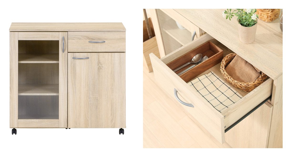 食器棚 キャビネット キッチン収納 アンティークホワイト 木目調 キャスター付き