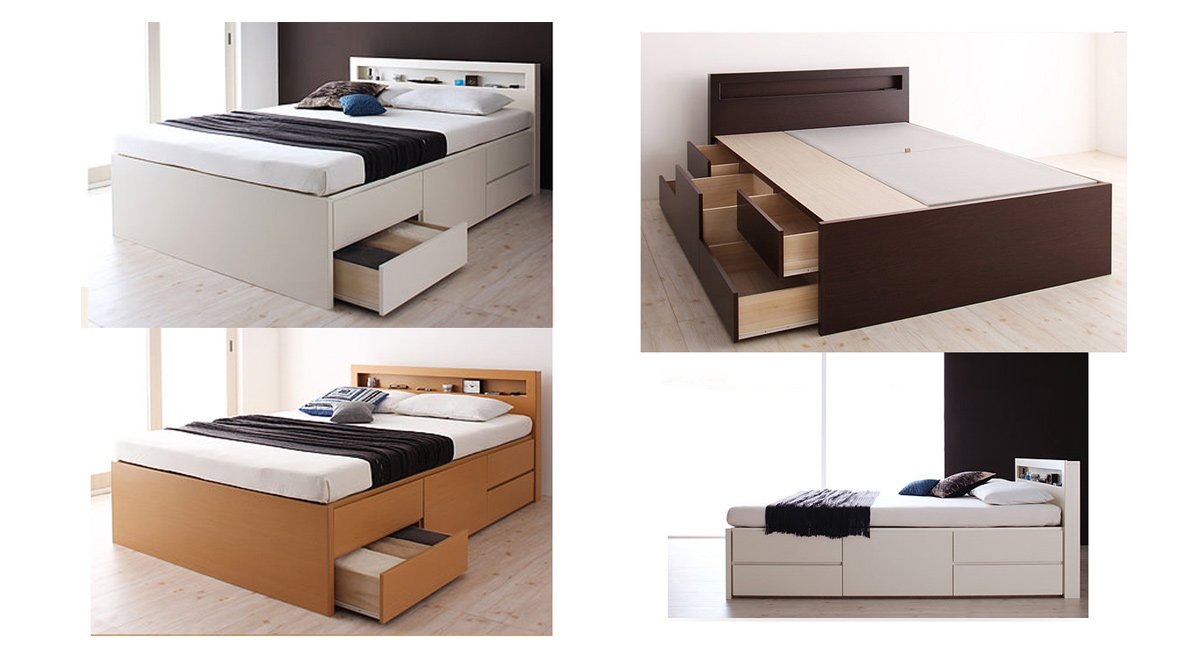 収納もスマートにこなす 棚・コンセント付きチェストベッド(ダブル) フレームのみ