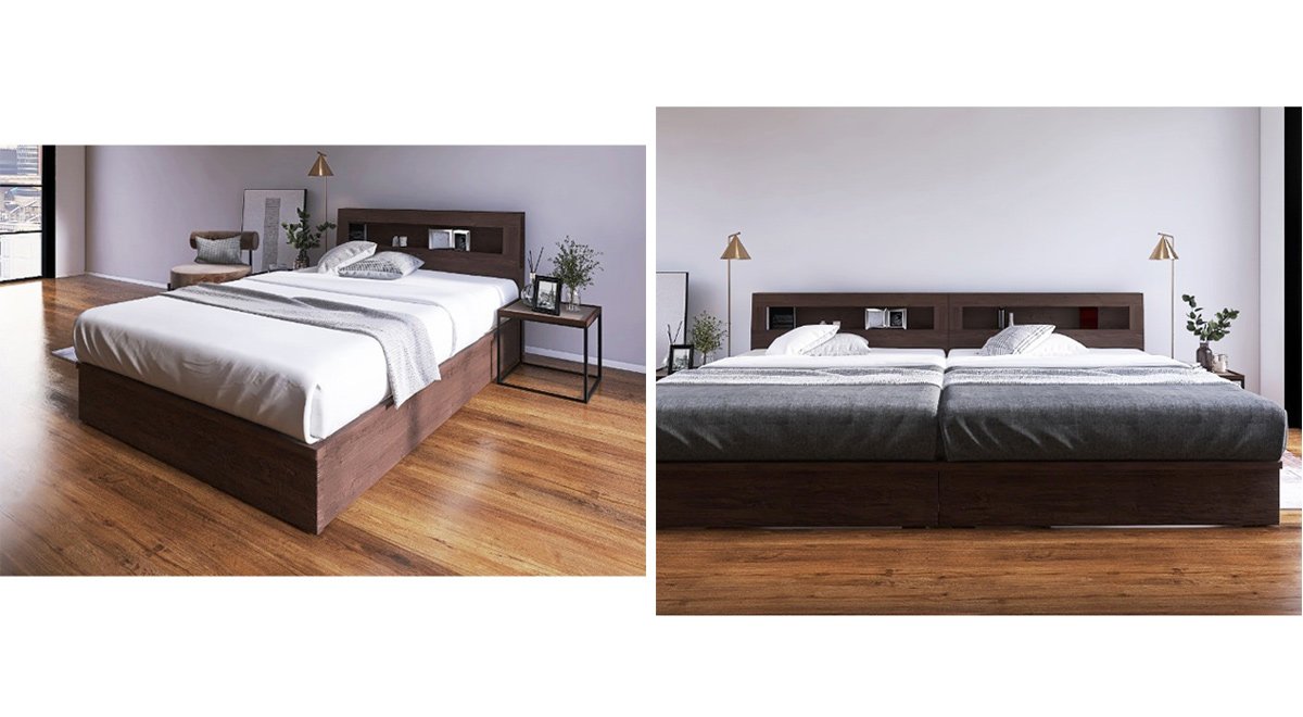 収納棚・ライト付き 引出し収納ベッド ウォールナット(ワイドダブル)フレームのみ