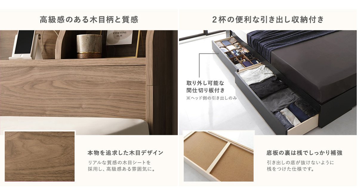 棚・コンセント付きモダン収納ベッド (ダブル) フレームのみ