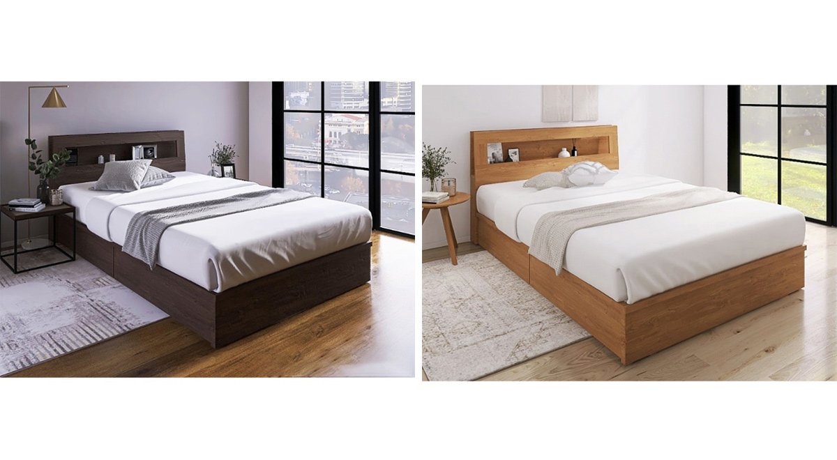 収納棚・ライト付き 引出し収納ベッド ウォールナット(ワイドダブル)フレームのみ