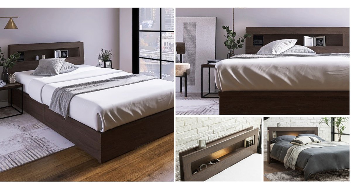 収納棚・ライト付き 引出し収納ベッド ウォールナット(ワイドダブル)フレームのみ