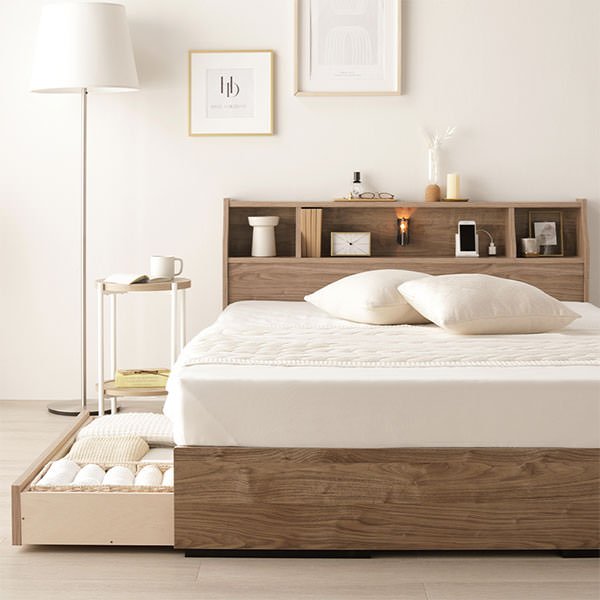 棚・コンセント付きモダン収納ベッド (ダブル) フレームのみ