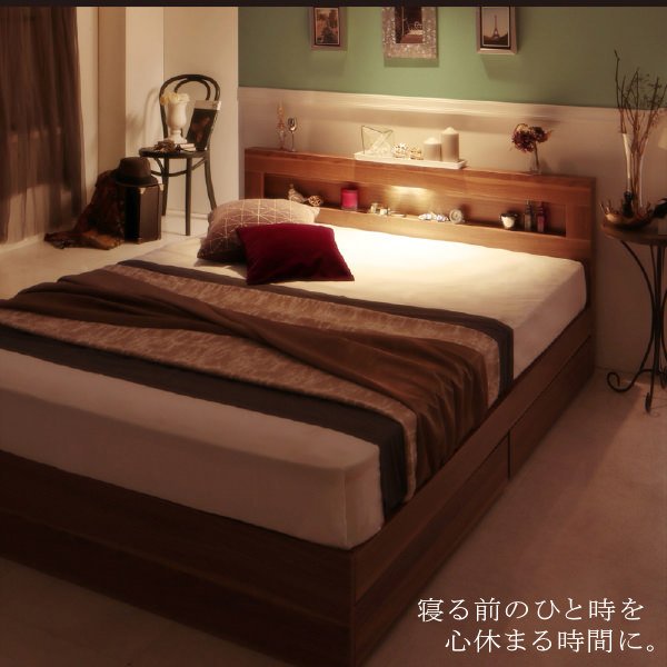 LEDライト・コンセント付き収納ベッド (ダブル) フレームのみ