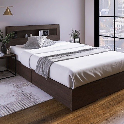 収納棚・ライト付き 引出し収納ベッド ウォールナット(ワイドダブル)フレームのみ