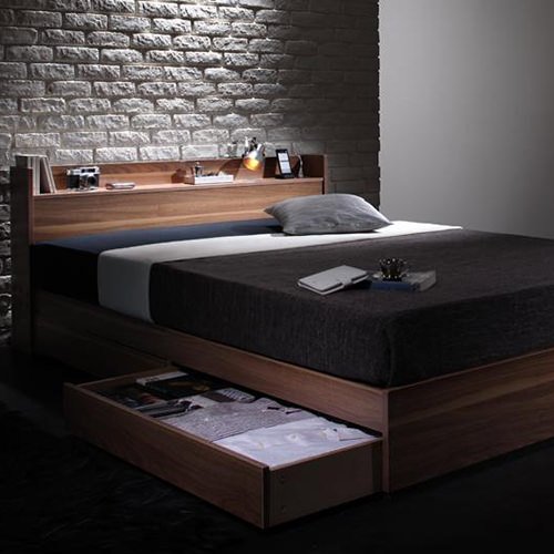 ウォルナット柄/棚・コンセント付き収納ベッド (ダブル) フレームのみ