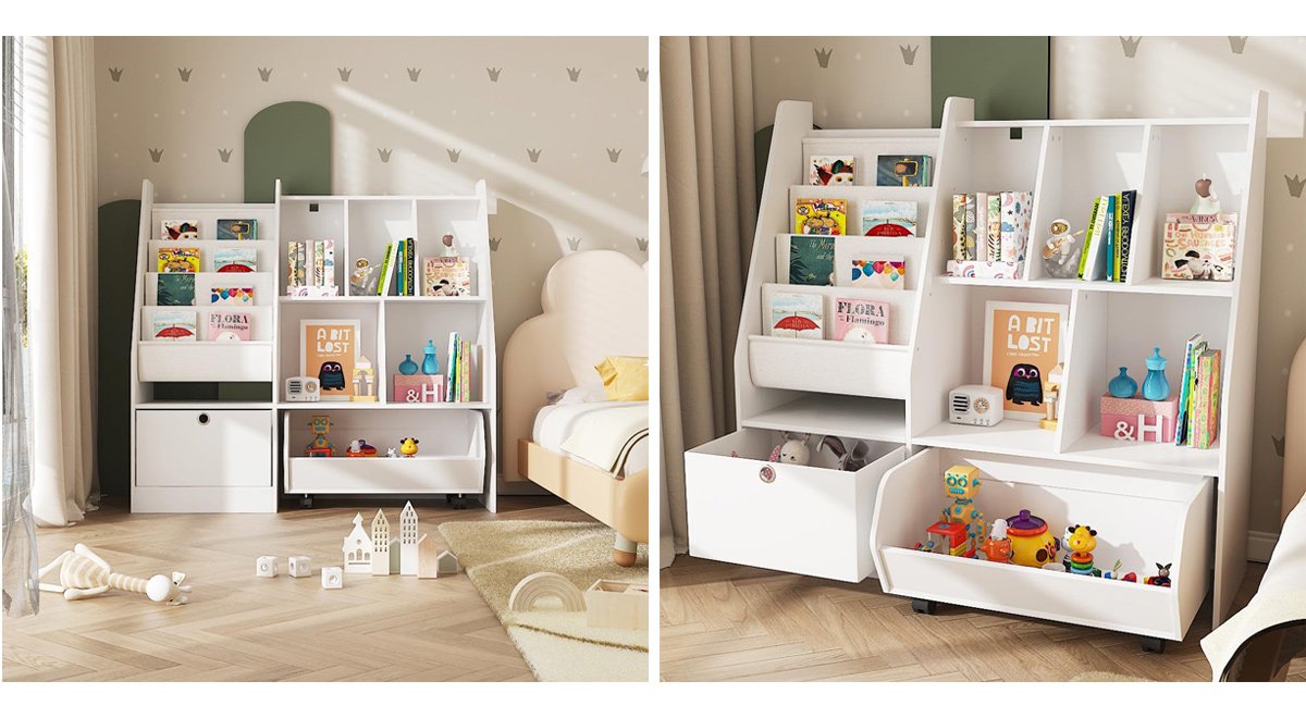 子ども用本棚 おもちゃ収納ラック 幅100cm 大容量 絵本ラック ワゴン付き