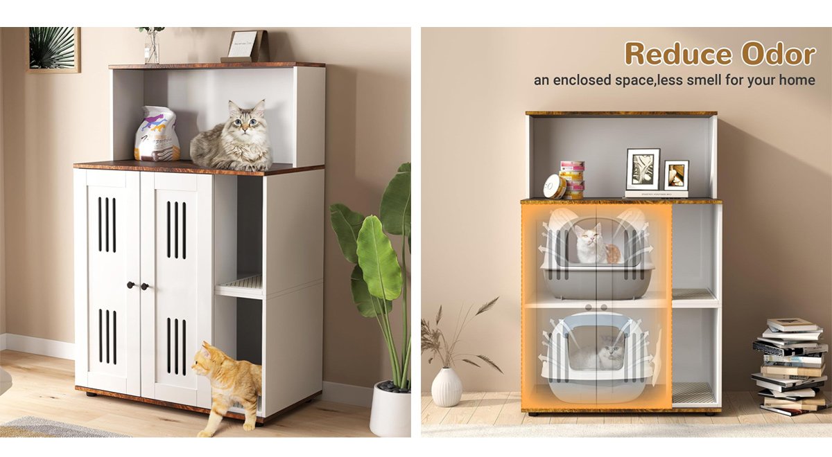 猫2匹用トイレエンクロージャー ダブルリッターボックスエンクロージャー スクラッチマット付き 隠し猫用トイレ家具