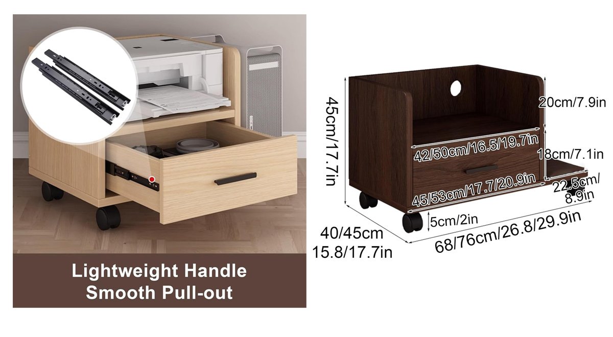 ホイール付き移動式プリンター台、小型ファイルキャビネットテーブル