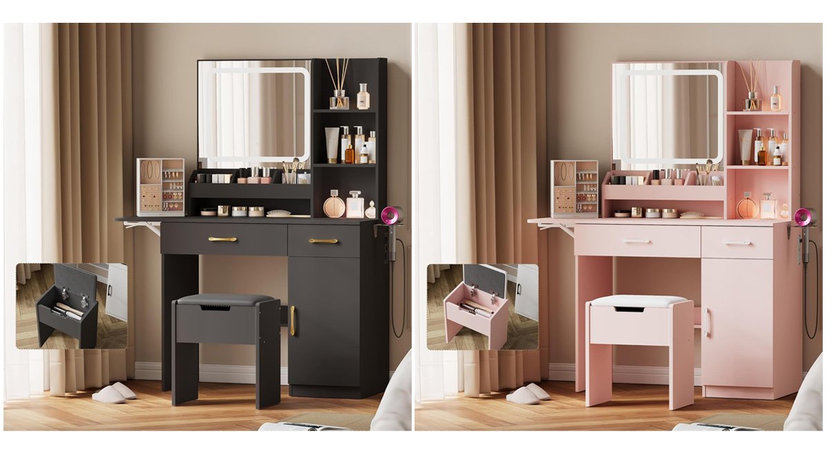 ドレッサー コンパクト コンセント付き 3色LEDライト 収納スツール付き 鏡台