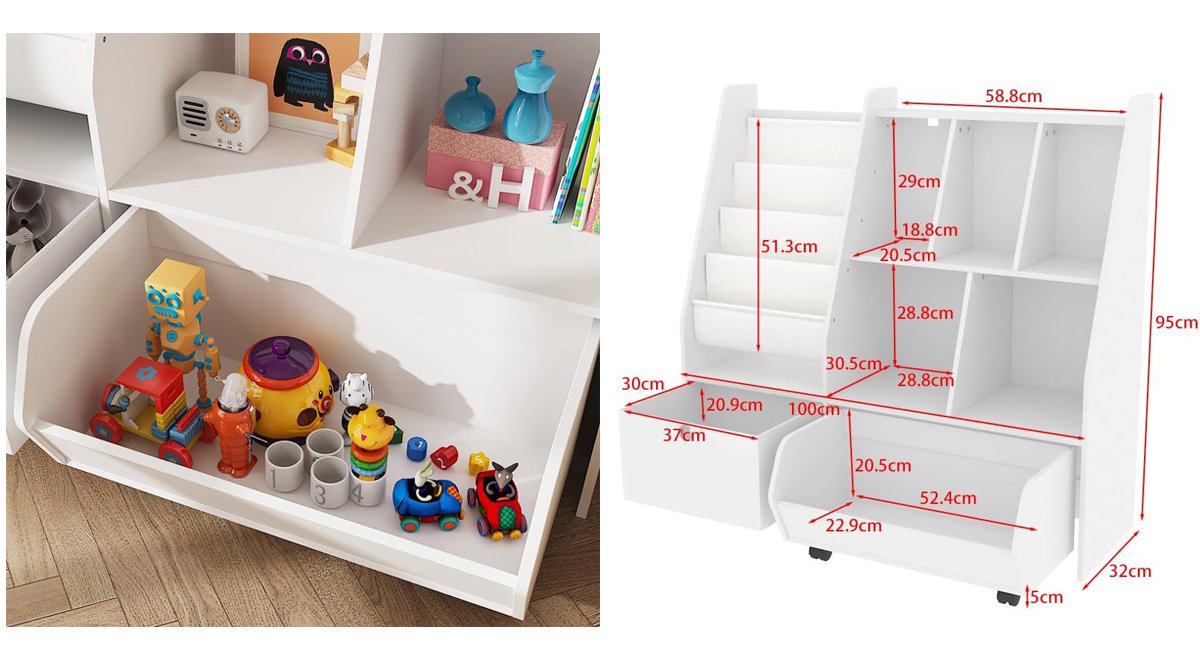 子ども用本棚 おもちゃ収納ラック 幅100cm 大容量 絵本ラック ワゴン付き
