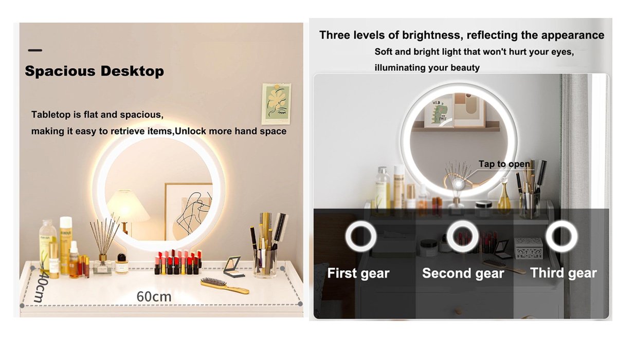 木製化粧台 3色の照明付き、調整可能な明る 鏡台 ドレッサー、1 引き出し