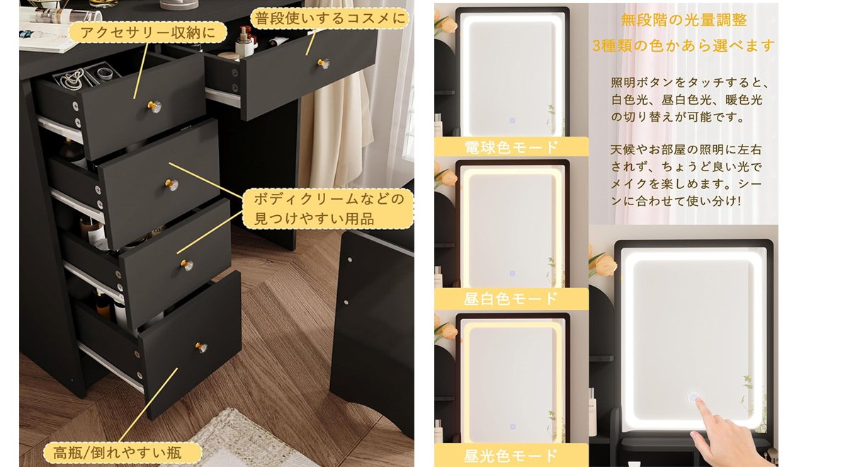 ドレッサー セット コンパクト ミラー おしゃれ 大容量収納 引き出し5杯 スツール 化粧台 鏡台