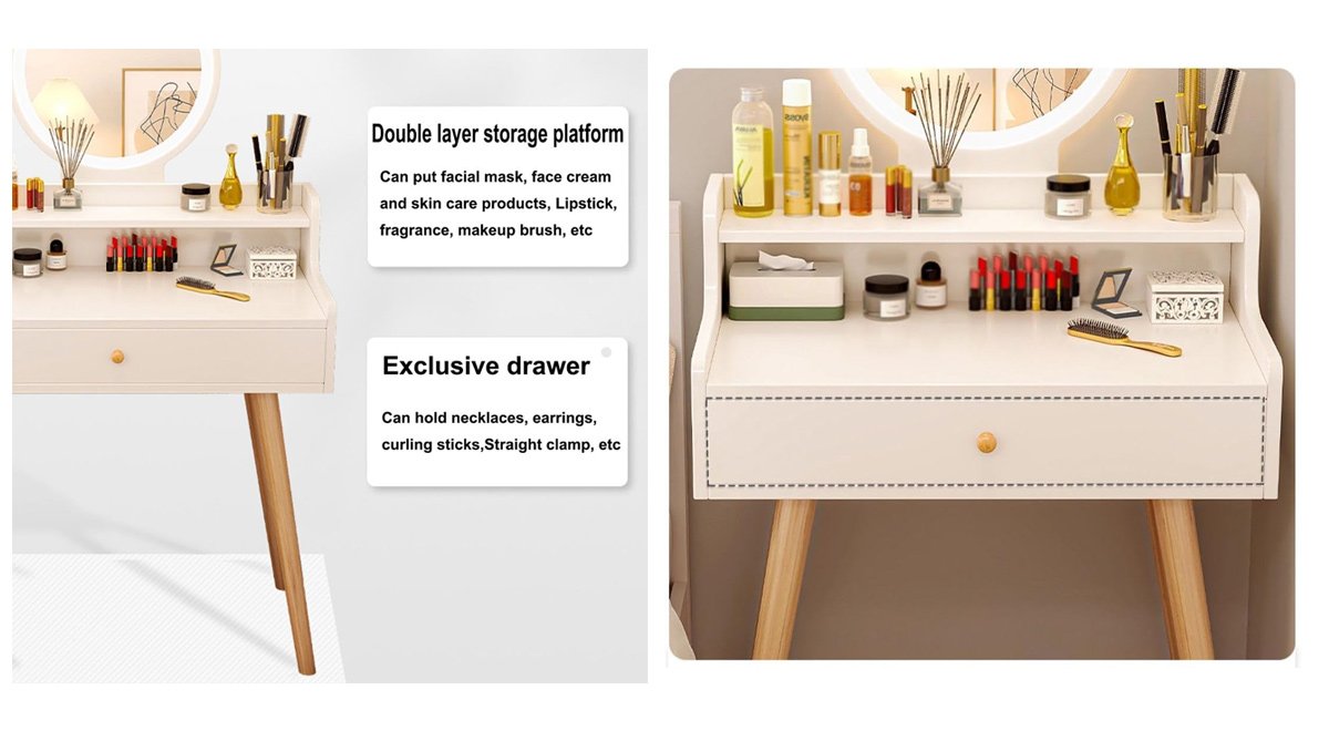 木製化粧台 3色の照明付き、調整可能な明る 鏡台 ドレッサー、1 引き出し