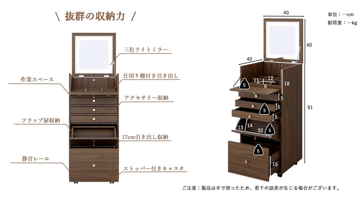 ドレッサー コンパクト 三色ライト付き キャスター付き 引き出し収納 鏡台 化粧台