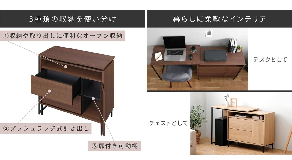 デスク パソコンデスク 伸縮デスク キッチンラック ドレッサー 引き出し2杯 大容量収納