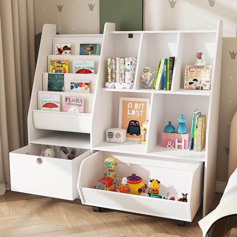 子ども用本棚 おもちゃ収納ラック 幅100cm 大容量 絵本ラック ワゴン付き