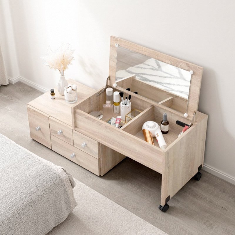 ドレッサー ロータイプ 伸縮式 デスク 2口コンセント 引出し付き コスメ 収納 化粧台