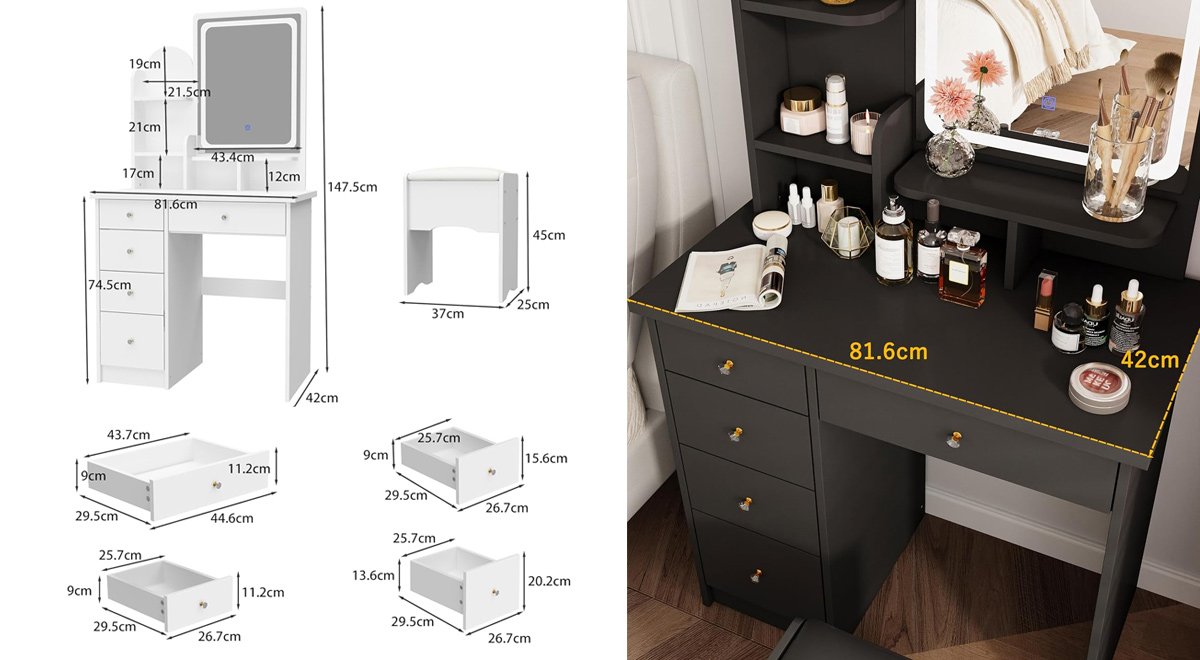 ドレッサー セット コンパクト ミラー おしゃれ 大容量収納 引き出し5杯 スツール 化粧台 鏡台