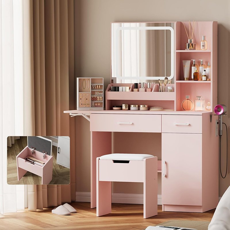 ドレッサー コンパクト コンセント付き 3色LEDライト 収納スツール付き 鏡台