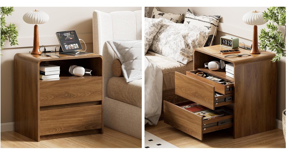 23.8" Modern Nightstand with Hidden Drawers Walnut Night Stand with Charger Station