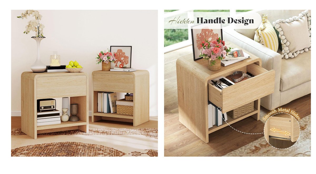 Modern Night Stand with Storage Drawer & Open Shelves, 24" Round Bedside Table Nightstand