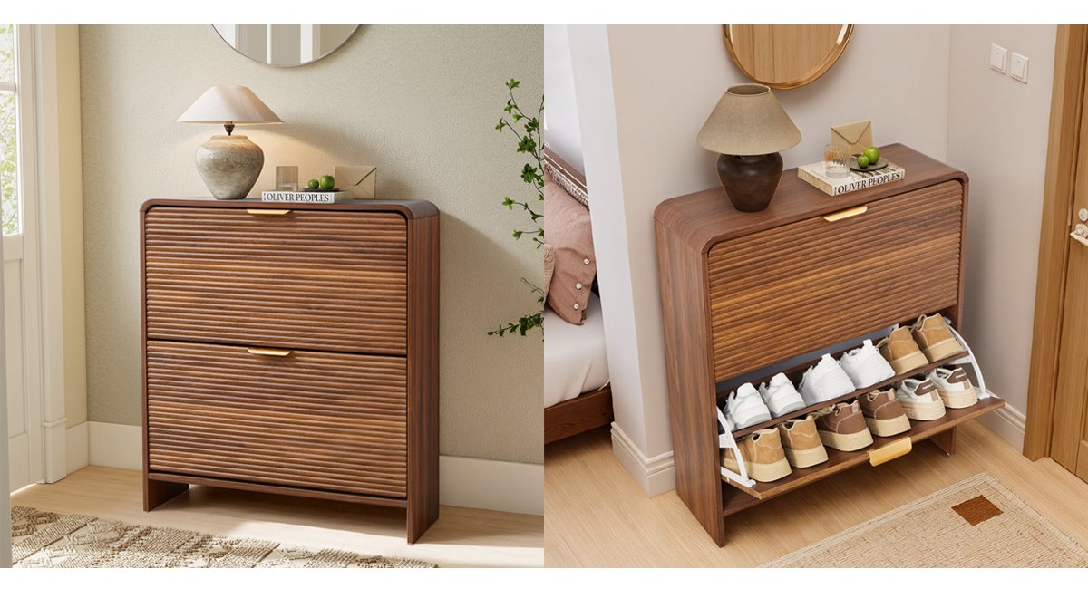 16 Pair Shoe Storage Cabinet With 2 Flip Drawers