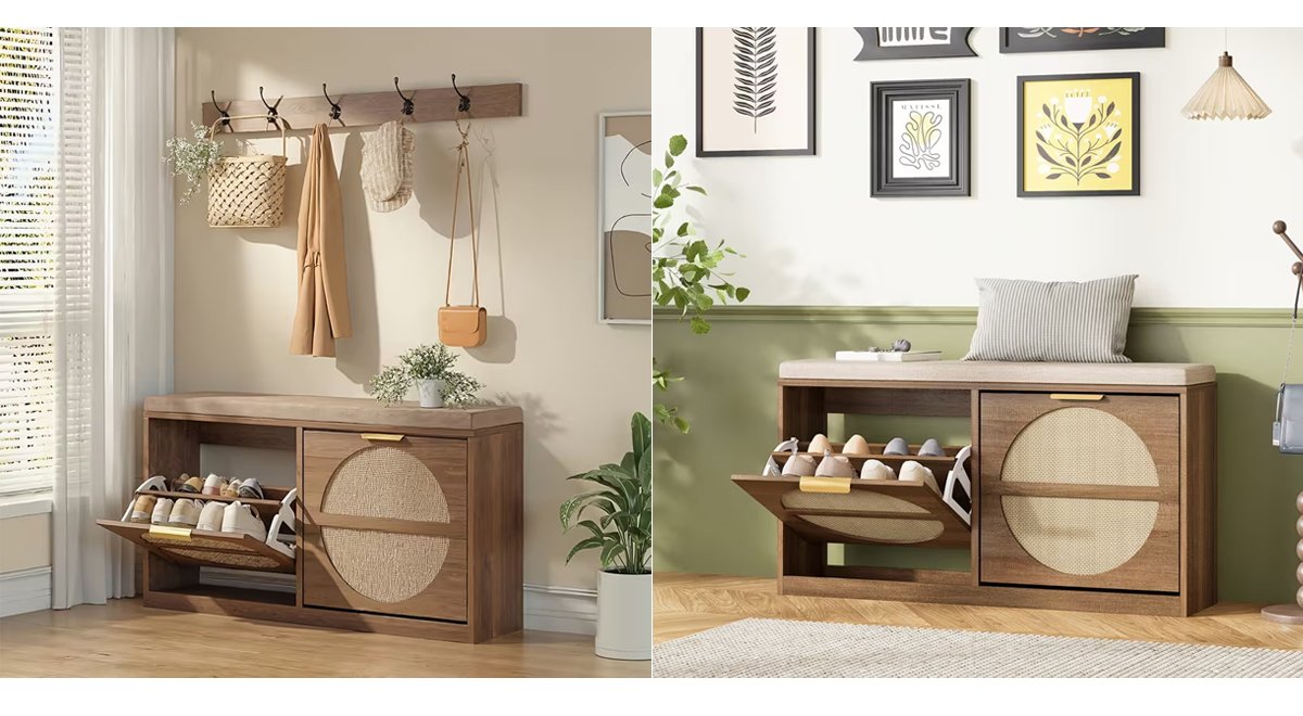 Rustic Rattan Entryway Bench with Cushion & Coat Rack- Narrow Shoe Cabinet Suitable for Hallway