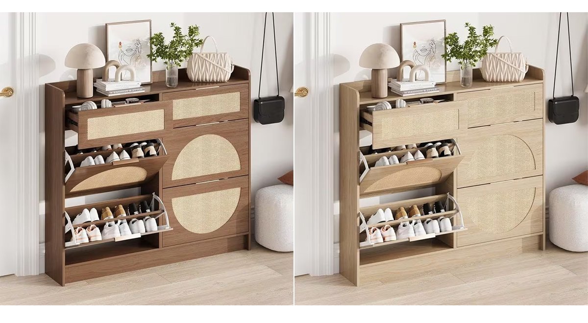 Rattan Shoe Storage Cabinet, Narrow Freestanding Organizer Shoe Rack Organizer with Adjustable Shelves