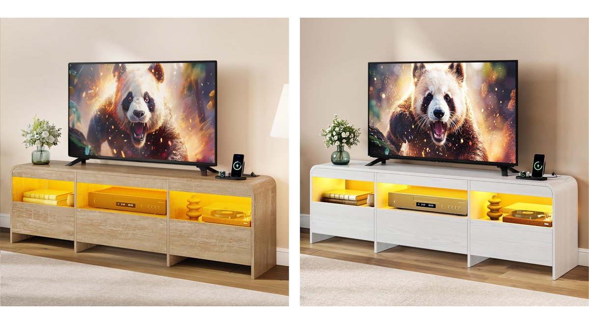 TV Stand for 65, 70 Inch TVs, LED Entertainment Center with Drawers and Open Storage, TV Console w/Power Outlets