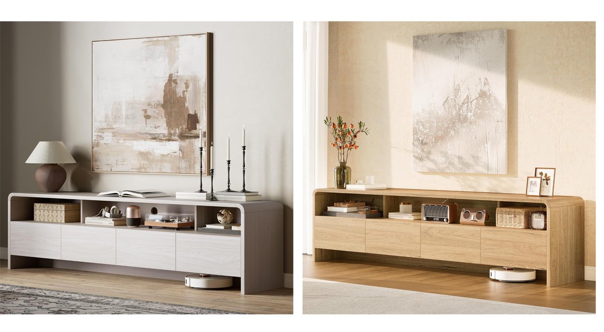 70" Wood TV Stand with Curved Edge for TVs up to 80", Modern TV Console with Open Shelves & Storage Cabinets