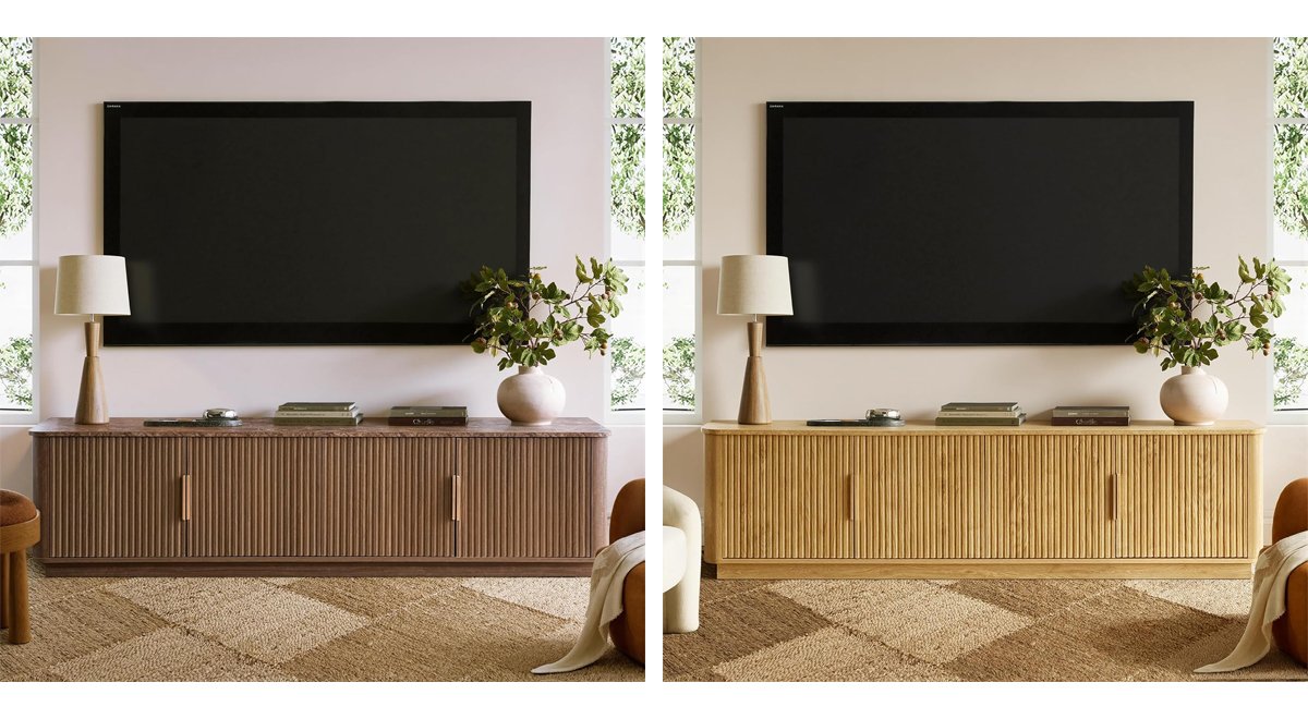 71" TV Stand for 80 Inch TV, Mid Century Modern Fluted Entertainment Center with Faux Marble Top, Curved Corners