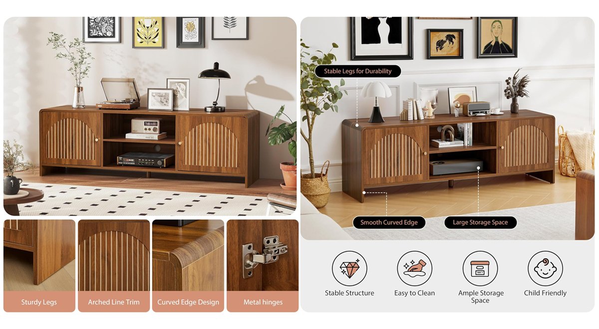 Mid Century Modern TV Stand for 55/60/65 Inch TV, Farmhouse Entertainment Center with Arched Doors and Adjustable Shelf, Curved Profile Media Console TV Consoles for Living Room Bedroom