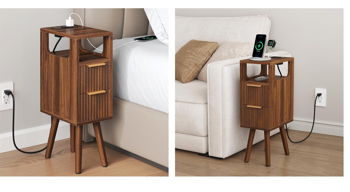 7.9" Small Narrow Side Table with Charging Station, 24.4" H Skinny Fluted Nightstand with 2 Drawers