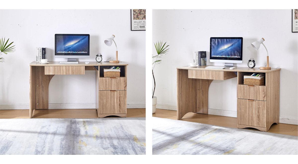 55" Modern Computer Desk with Keyboard Tray, Built-in Power Outlets, Fluted Design, 2-in-1 Main Drawer & Adjustable File Drawer
