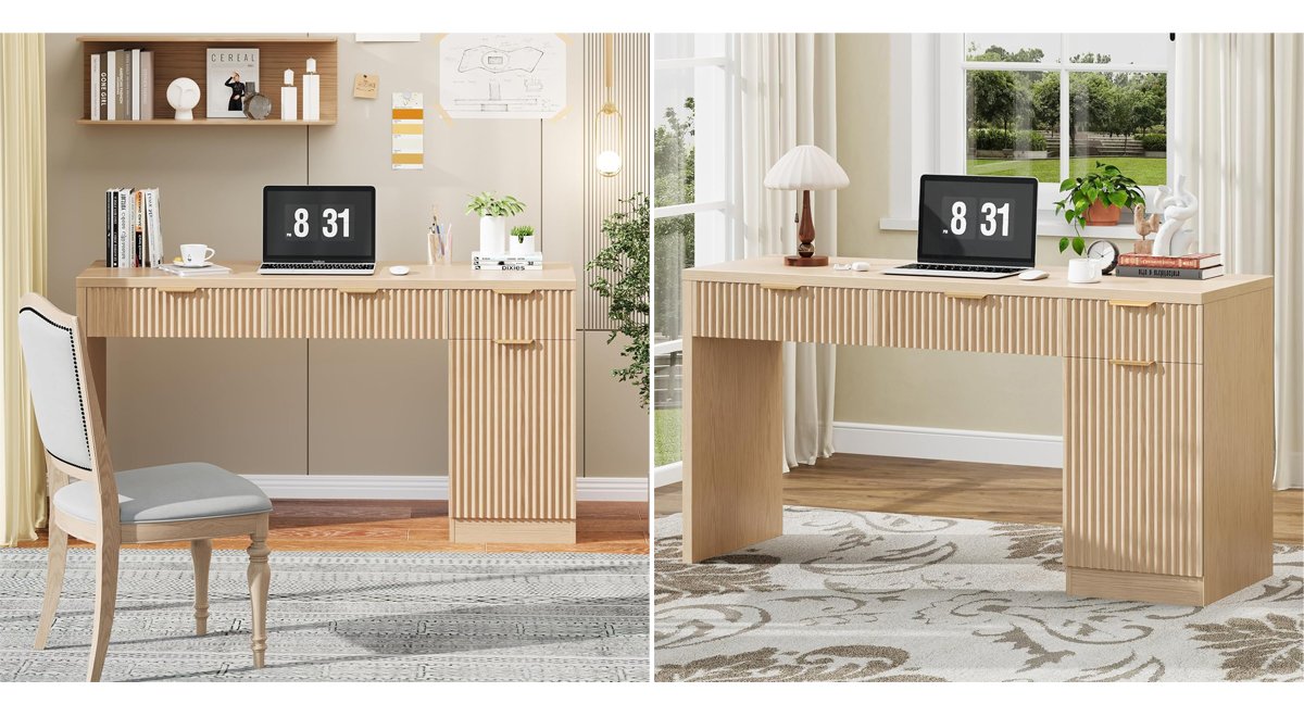 【Spacious & Stylish Workspace】 Experience a Spacious & Stylish Workspace: Boasting a 59-inch wide desktop with a natural wood grain texture, this large writing desk artfully blends modern elegance with classic appeal. The generous surface area offers room for your laptop, printer, books, and more, providing ample space to work, study, or pursue creative projects. 【Designed with Productivity in Mind】 Thoughtfully designed for productivity, this computer desk showcases precision craftsmanship and includes a grooved panel to help organize your workspace. Its functional layout features three drawers (one wide, one medium) and an adjustable cabinet, making it a versatile choice for home or office use. 【Elegant & Elaborate Design】 Beyond its functionality, this desk serves as an elegant furniture piece that enhances any room's aesthetic. The subtle grooves on the panels are both functional and decorative, highlighting the wood's natural beauty. Each line adds depth and character, transforming the desk into a canvas of refined eleg