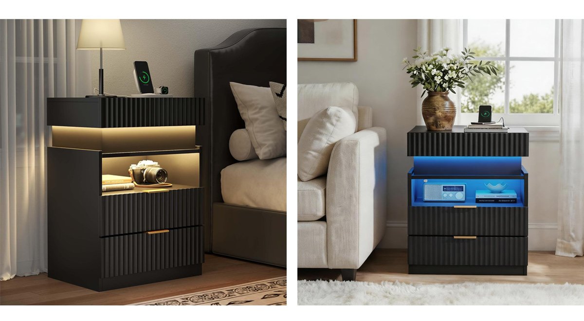 Night Stand with Wireless Charging Station, Black Bedside Table with Hidden Gun Drawer & LED Lights